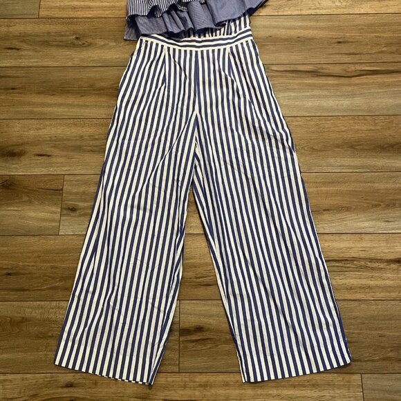 J. Crew One Shoulder Ruffle Jumpsuit SZ 6 Blue White Stripe Romper Wide Leg - Picture 3 of 10
